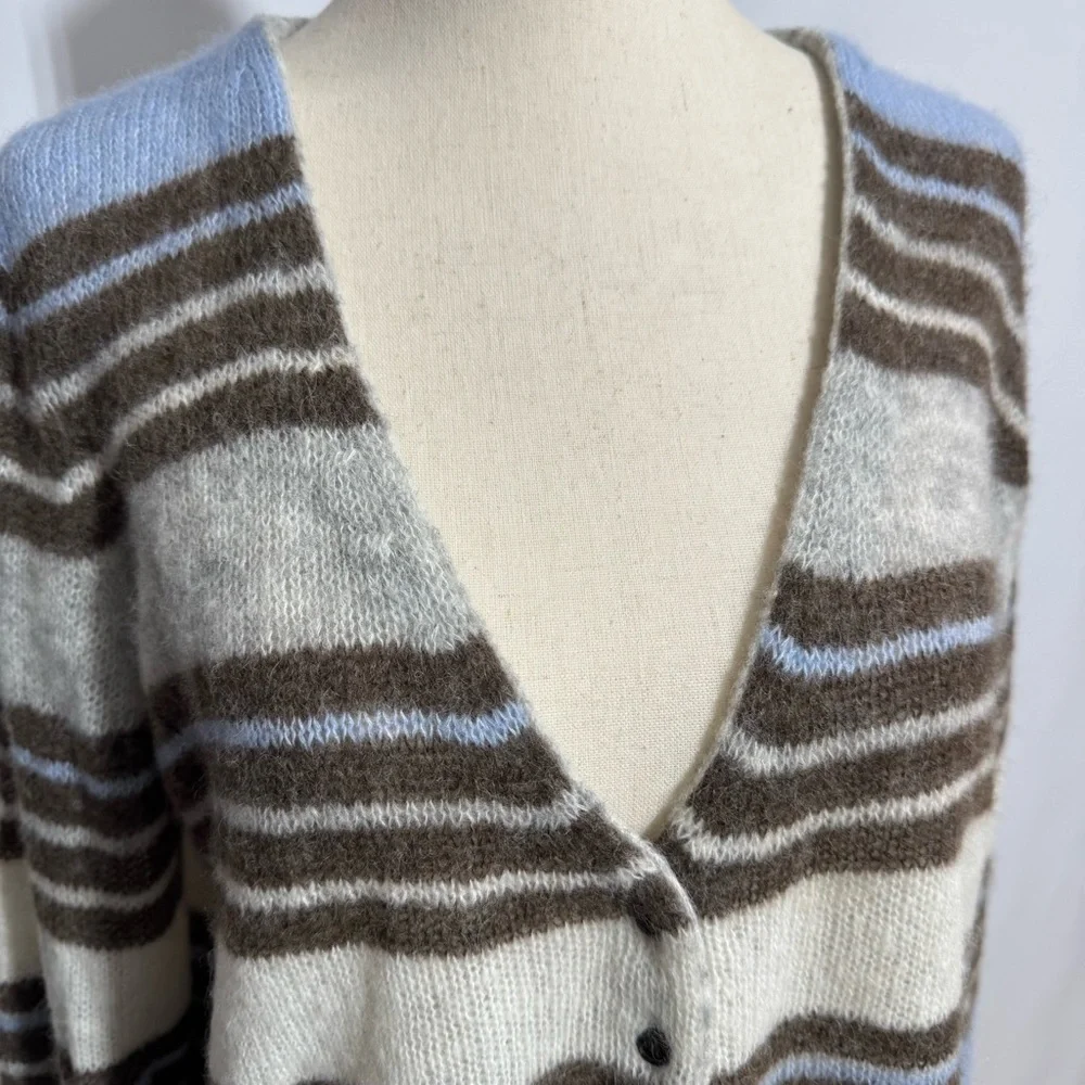 Free People • Kinsley Striped Cropped Cardigan Blue Brown M ASO Mariana Foster